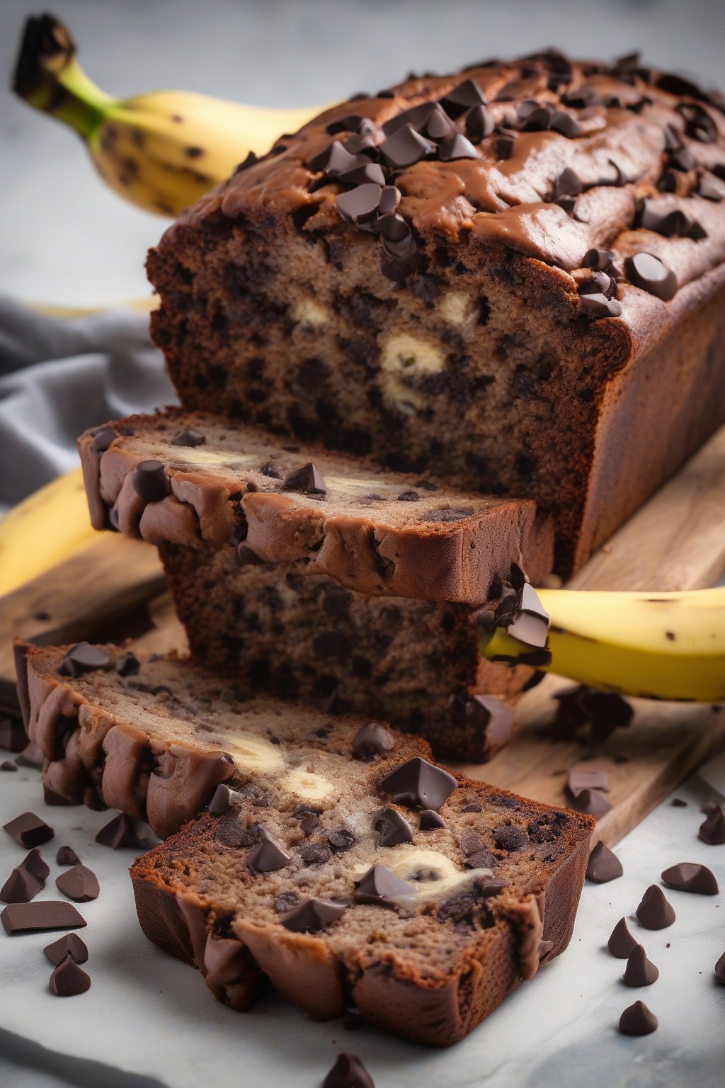 A high-resolution photo of chocolate banana bread loaf with melted dark chocolate chips oozing out, topped with banana slices, under soft lighting.