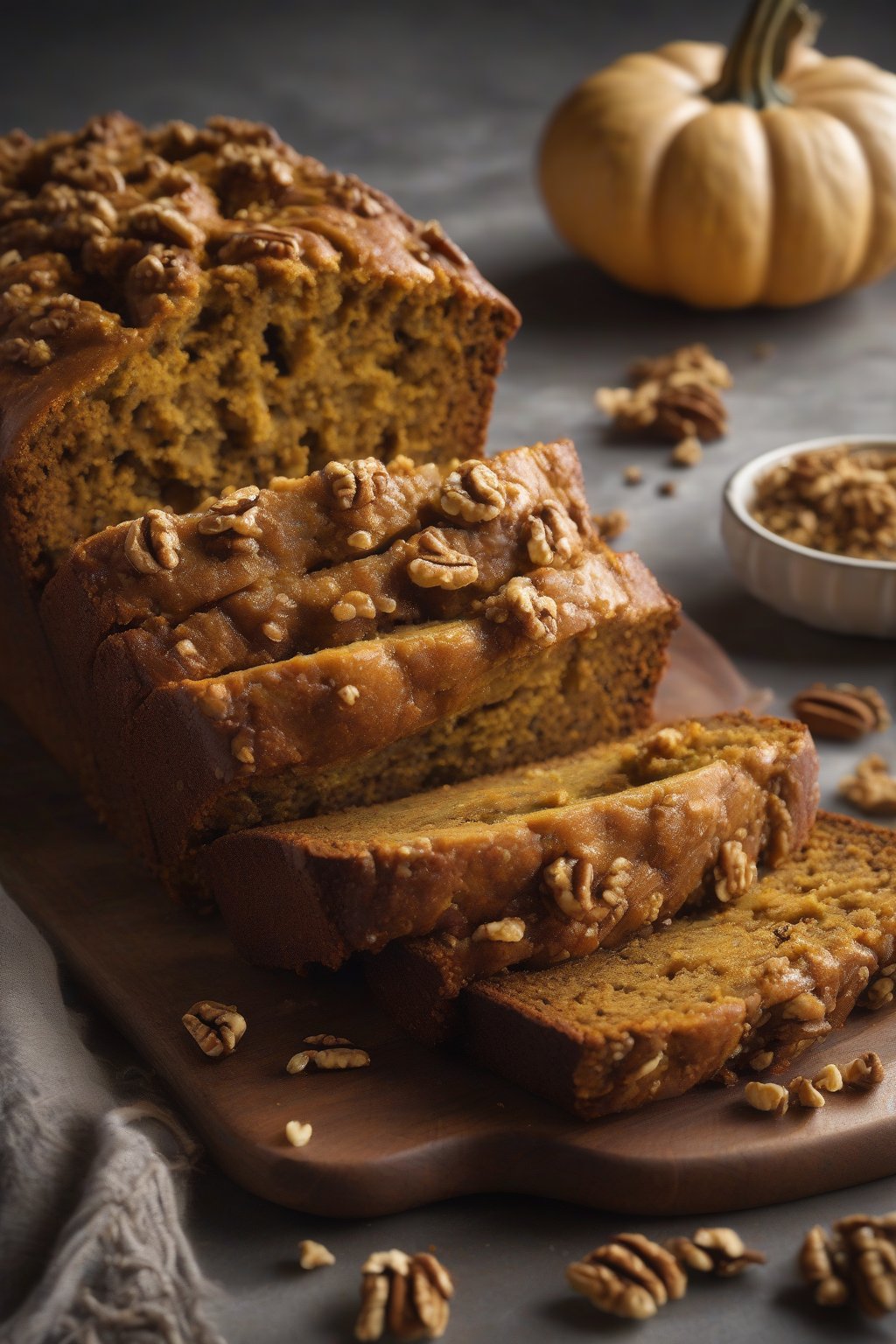 A high-resolution photo of pumpkin spice banana bread with a golden crust and walnut topping, steam rising from a fresh slice, under soft lighting.
