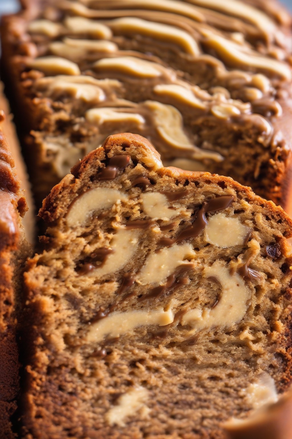 A high-resolution photo of peanut butter banana bread slice showing swirls of PB throughout the moist interior, under soft lighting.
