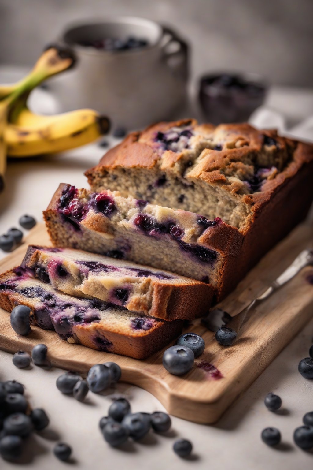 A high-resolution photo of blueberry banana bread with juicy berries spilling out from a sliced piece, under soft lighting.