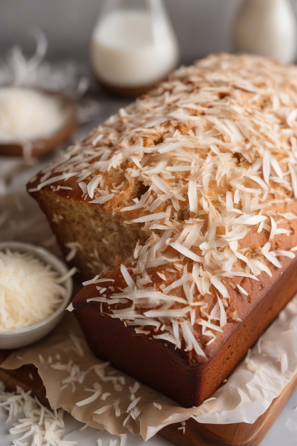 A high-resolution photo of coconut banana bread loaf dusted with shredded coconut, interior fluffy and golden, under soft lighting.