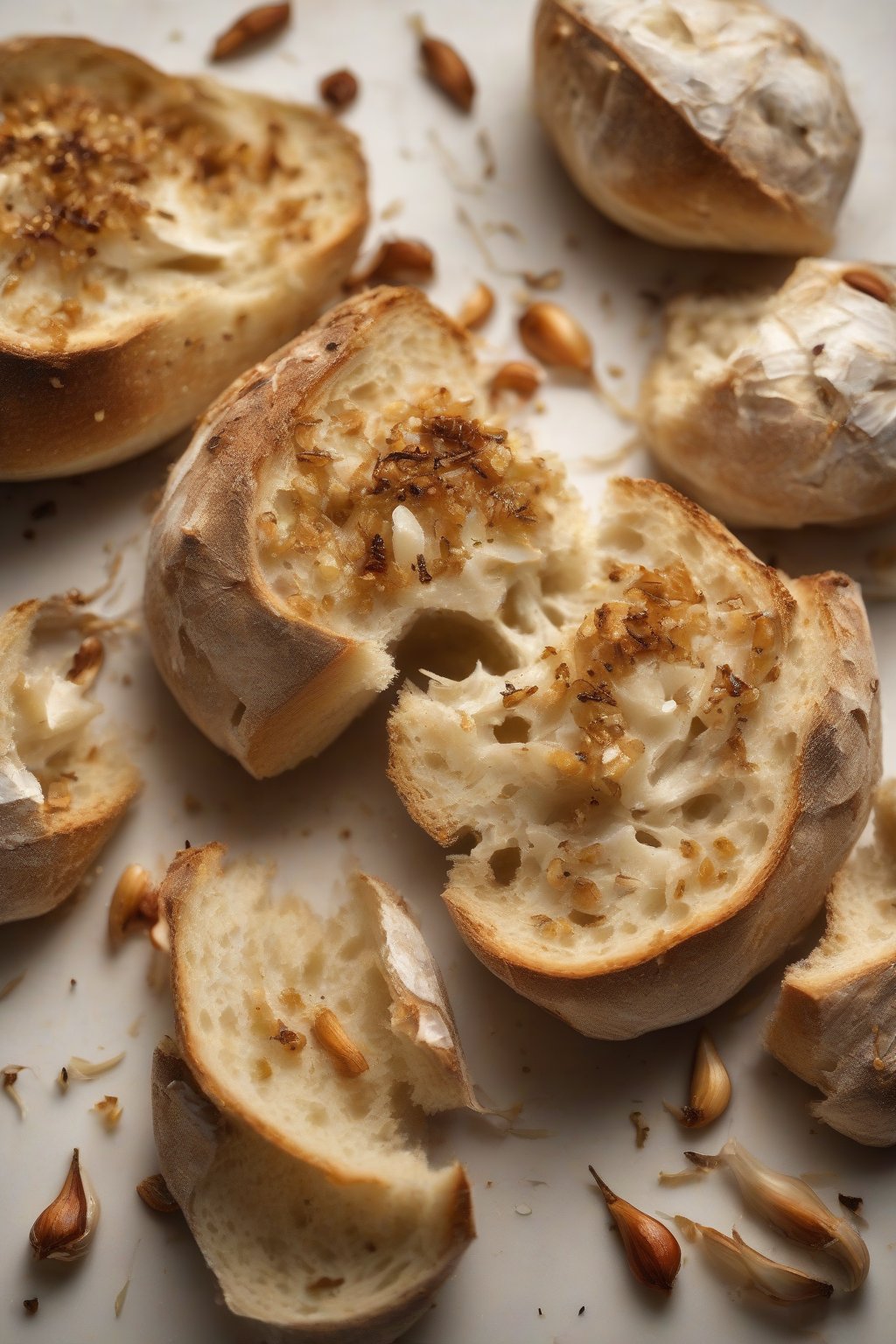 A high-resolution photo of roasted garlic sourdough with caramelized cloves embedded in the soft crumb, under soft lighting.
