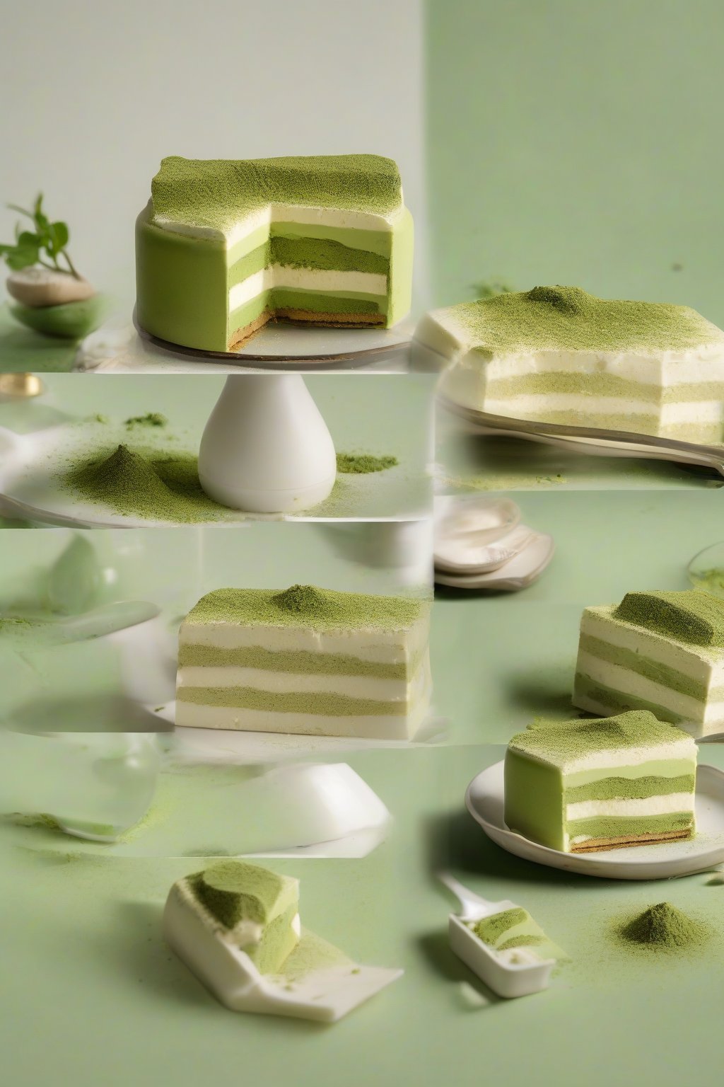 A high-resolution photo of matcha white chocolate tiramisu with green dust accents under soft lighting.