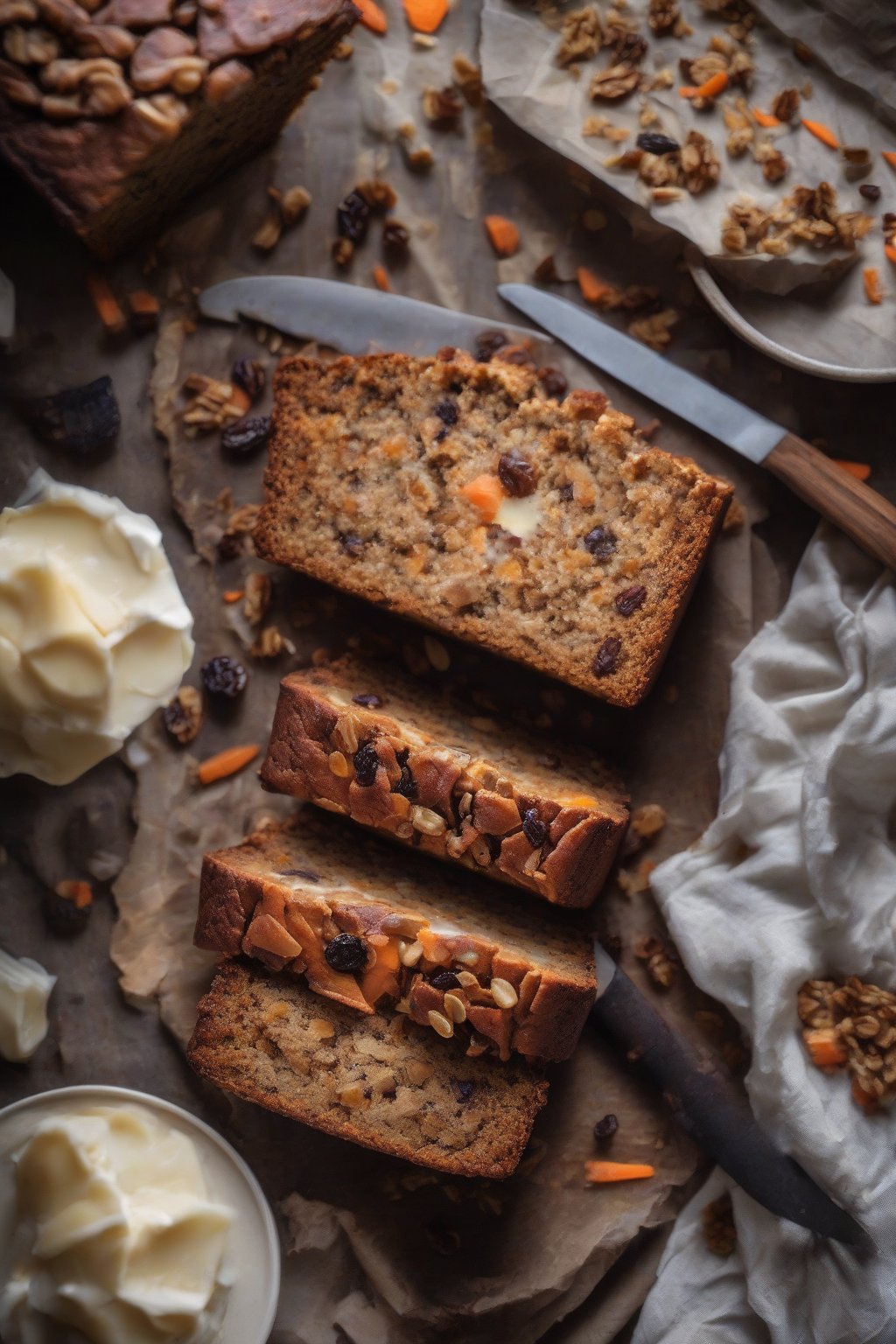 A high-resolution photo of carrot cake banana bread with visible carrot shreds and raisins in a rustic slice, under soft lighting.