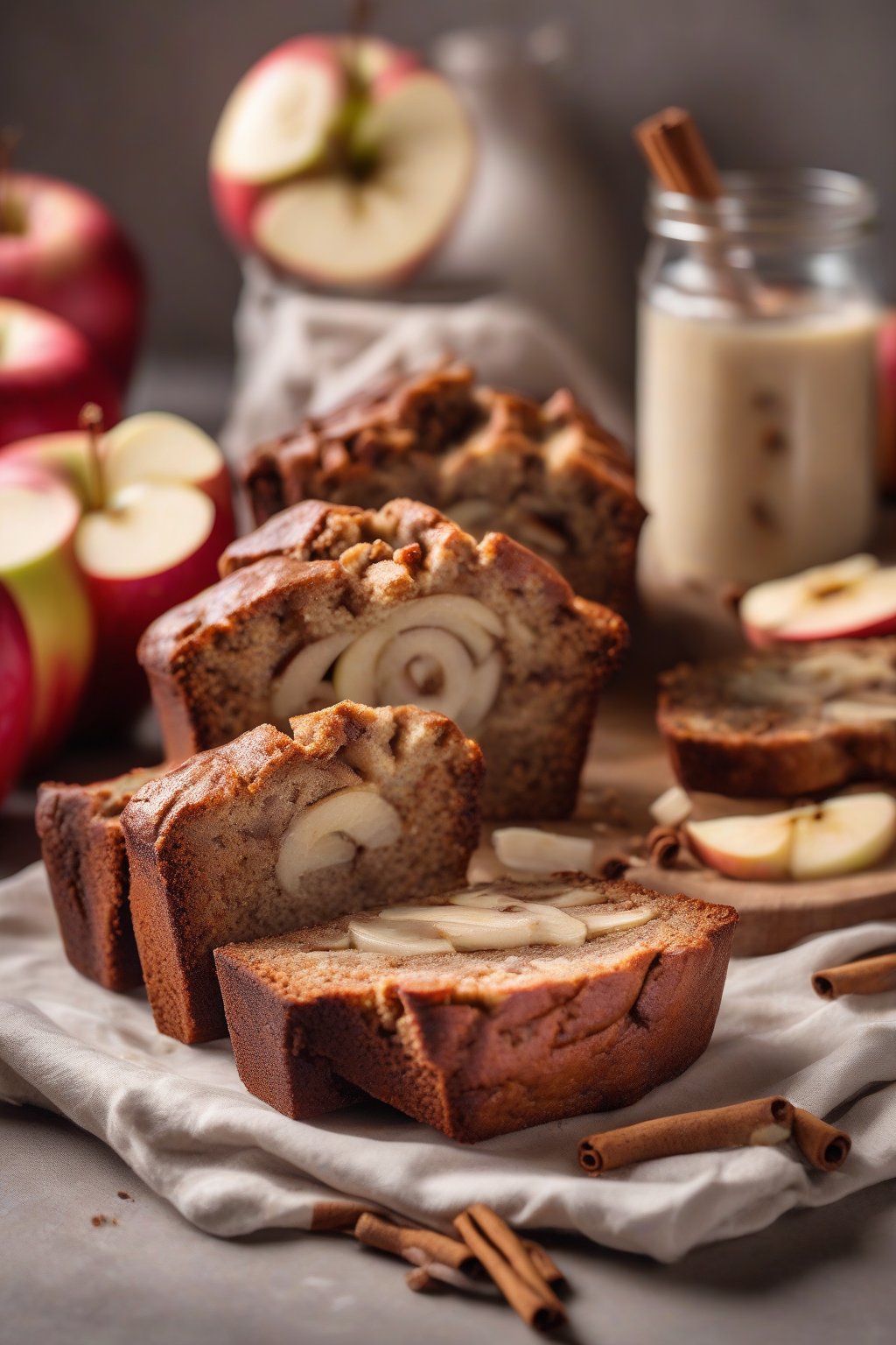 A high-resolution photo of apple cinnamon banana bread slice with apple chunks and cinnamon swirls, under soft lighting.
