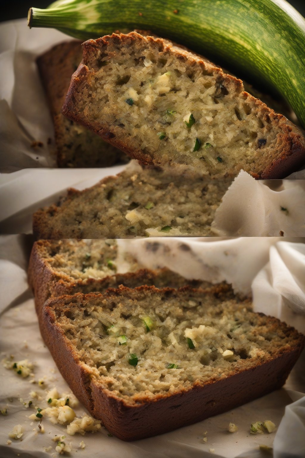 A high-resolution photo of zucchini banana bread revealing green flecks in the tender crumb, under soft lighting.