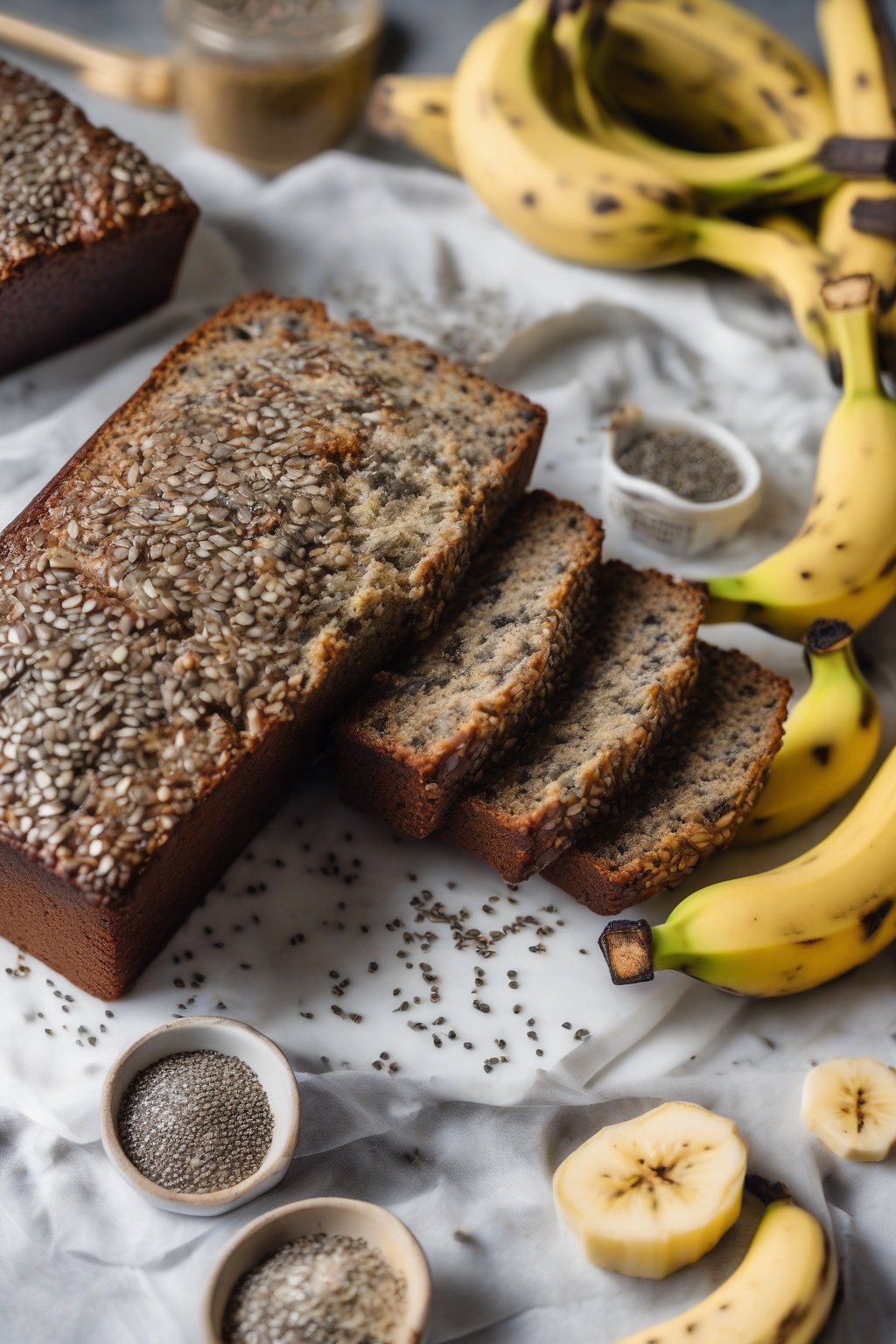 A high-resolution photo of chia seed banana bread with glossy chia gel on top, sliced to show seeds, under soft lighting.