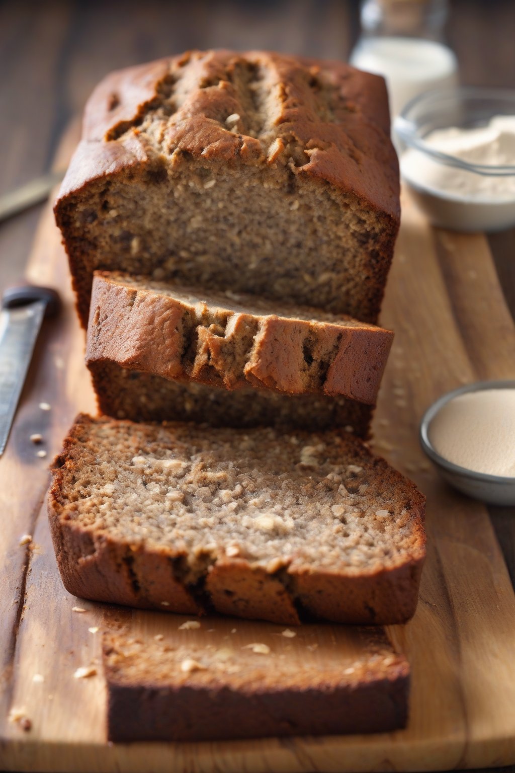 A high-resolution photo of protein banana bread loaf with a protein powder sheen, thick slice on wooden board, under soft lighting.