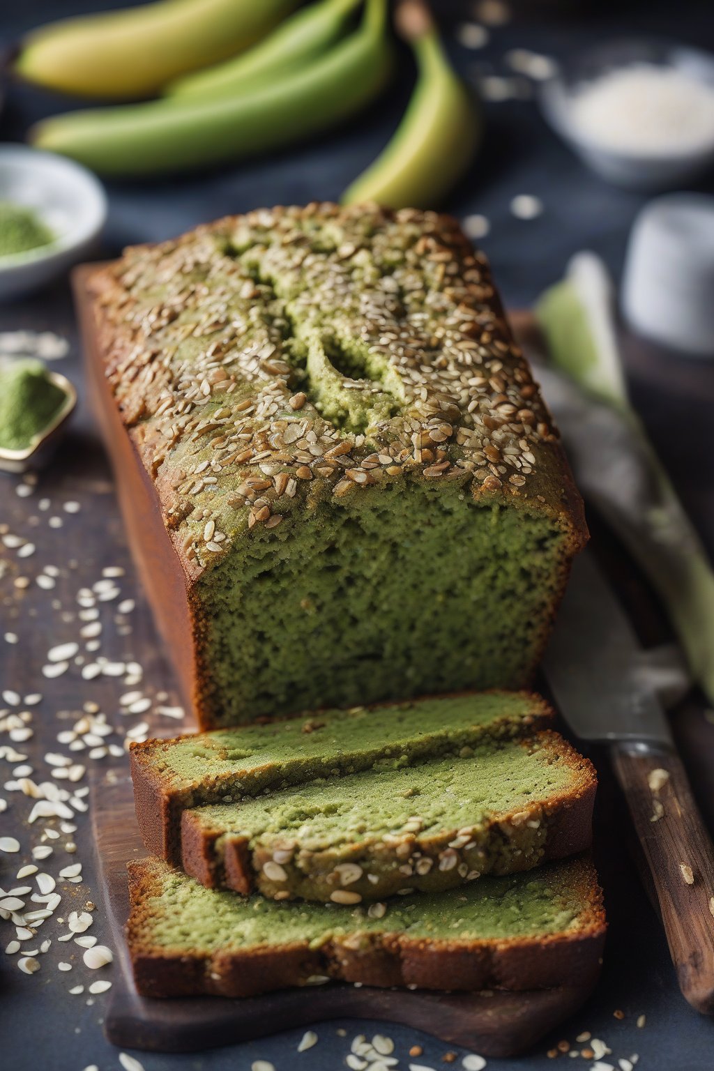 A high-resolution photo of vibrant green matcha banana bread with sesame seed topping, crumbly edges in slice, under soft lighting.