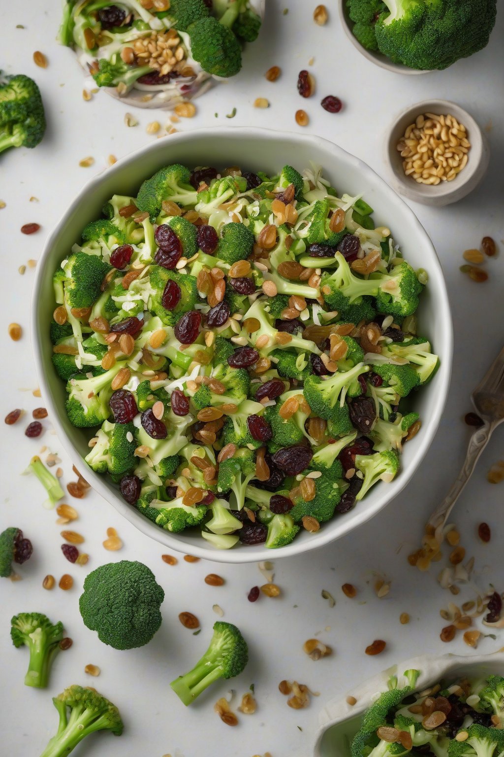 A high-resolution photo of the classic raisin broccoli crunch salad in a white bowl, vibrant green florets dotted with golden raisins and seeds, under soft lighting.
