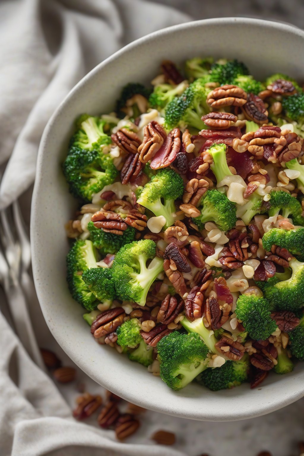 A high-resolution photo of bacon raisin broccoli crunch bowl, topped with bacon bits and pecans amid green florets and raisins, under soft lighting.