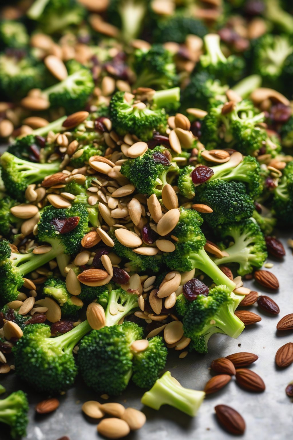 A high-resolution photo of vegan raisin broccoli seed crunch, scattered with pumpkin seeds and almonds on fresh broccoli, under soft lighting.