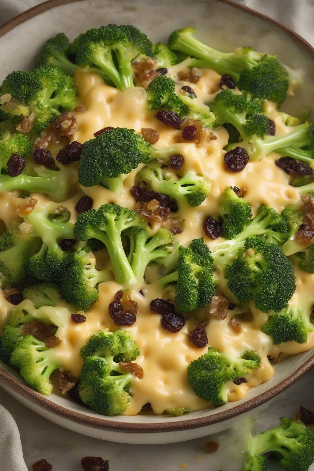 A high-resolution photo of cheddar raisin broccoli nutty crunch, melted cheese flecks over green broccoli and raisins, under soft lighting.