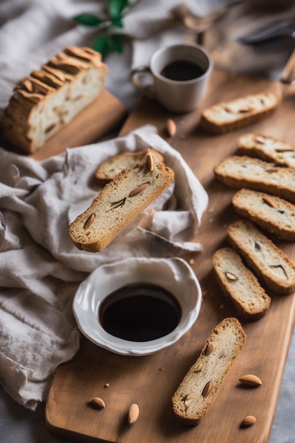 A high-resolution photo of sliced classic almond anise biscotti on a wooden board next to a coffee cup, under soft lighting.