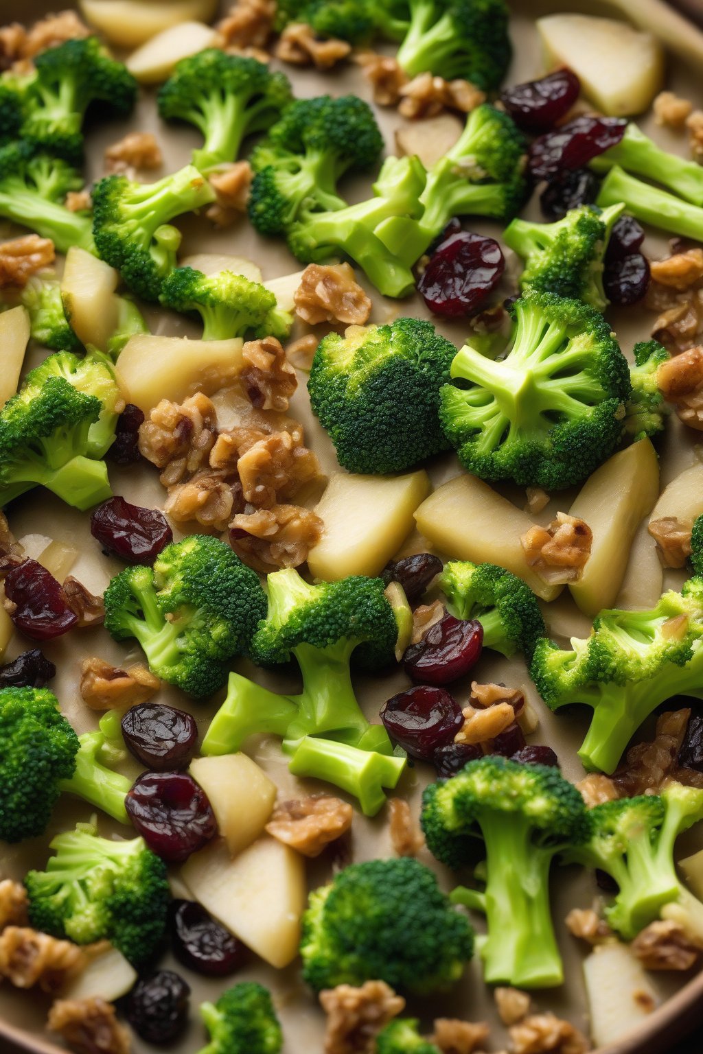 A high-resolution photo of apple raisin broccoli double crunch, crisp apple chunks and raisins with broccoli, under soft lighting.