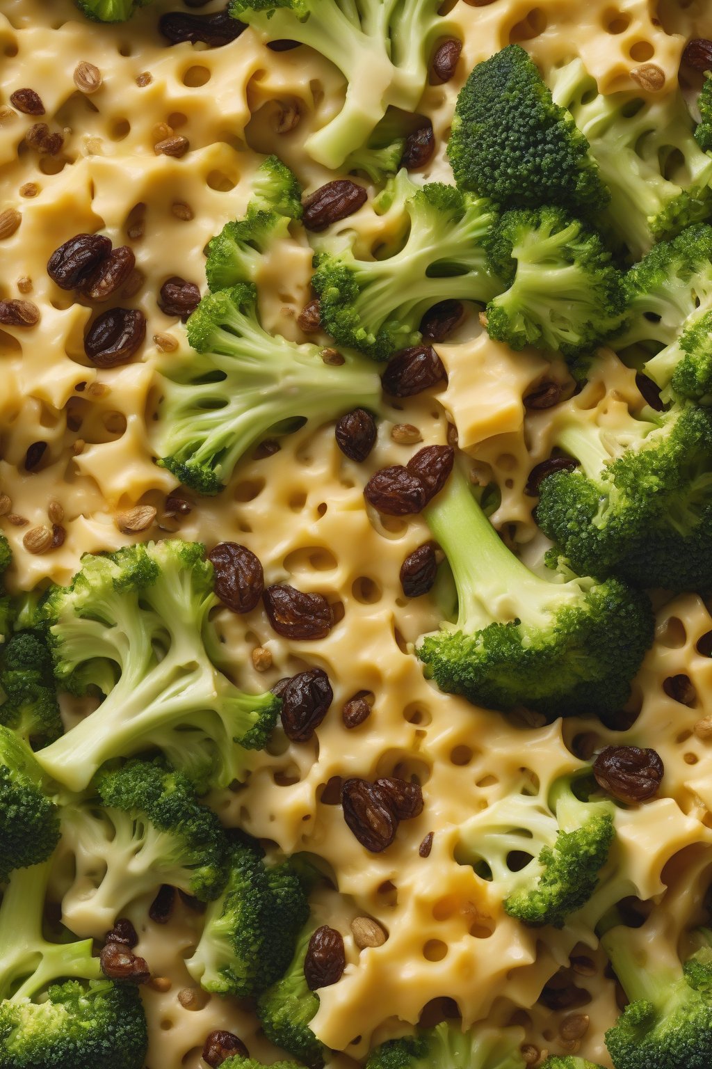 A high-resolution photo of sunflower cheddar raisin broccoli crunch, golden seeds and cheese amid florets, under soft lighting.