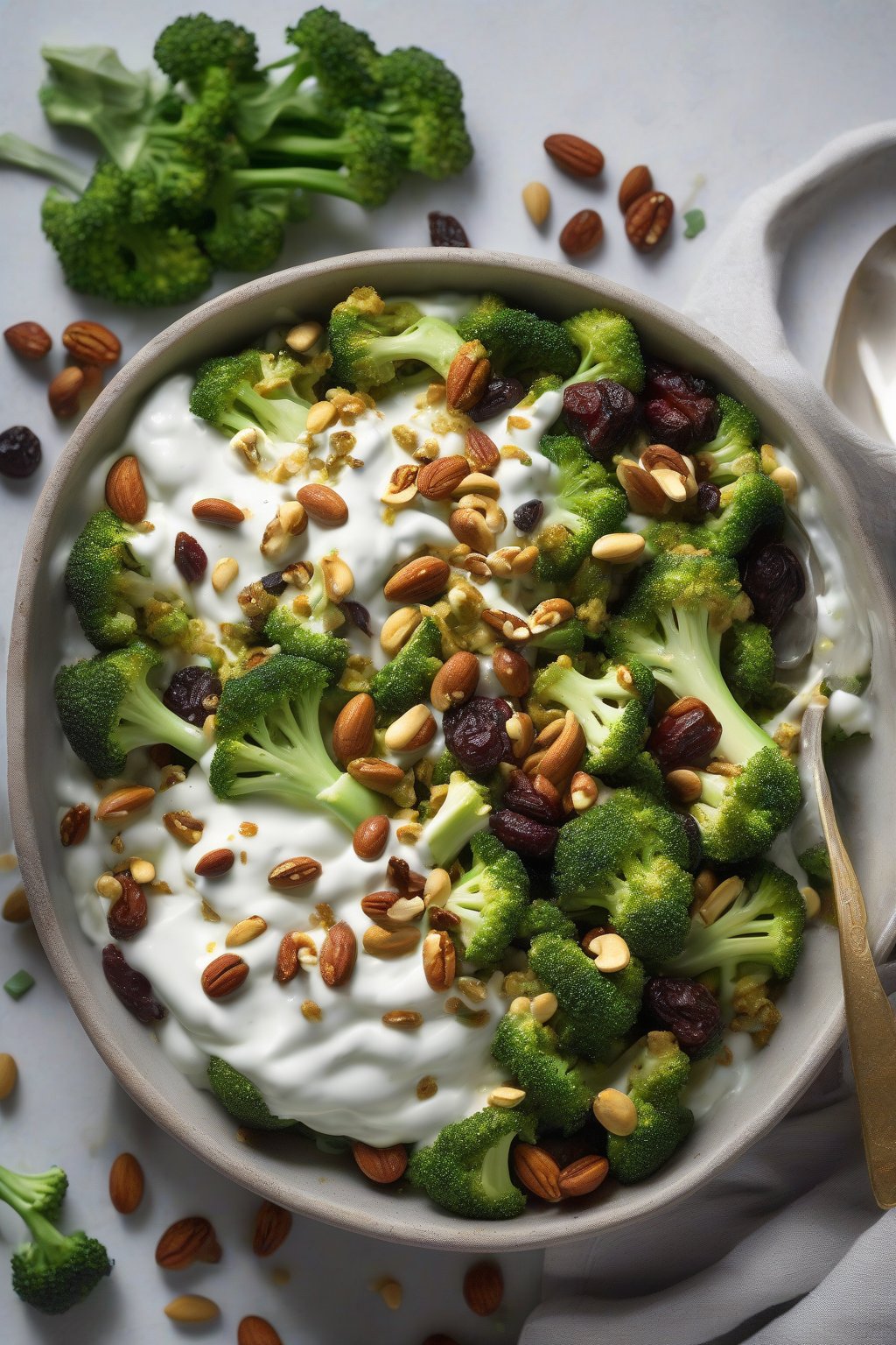 A high-resolution photo of Greek yogurt curry raisin broccoli crunch, spiced yogurt coating green veggies and nuts, under soft lighting.