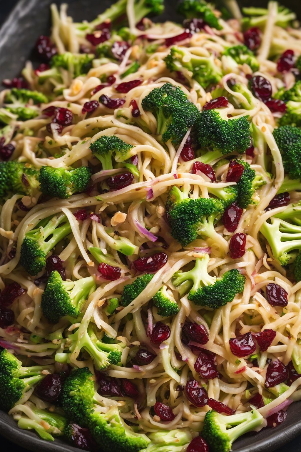 A high-resolution photo of tangy cran-raisin broccoli crunch slaw, noodles crisping atop colorful mix, under soft lighting.