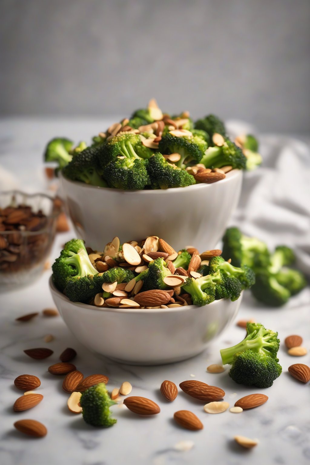 A high-resolution photo of almond raisin broccoli honey crunch, toasted almonds shining on broccoli, under soft lighting.