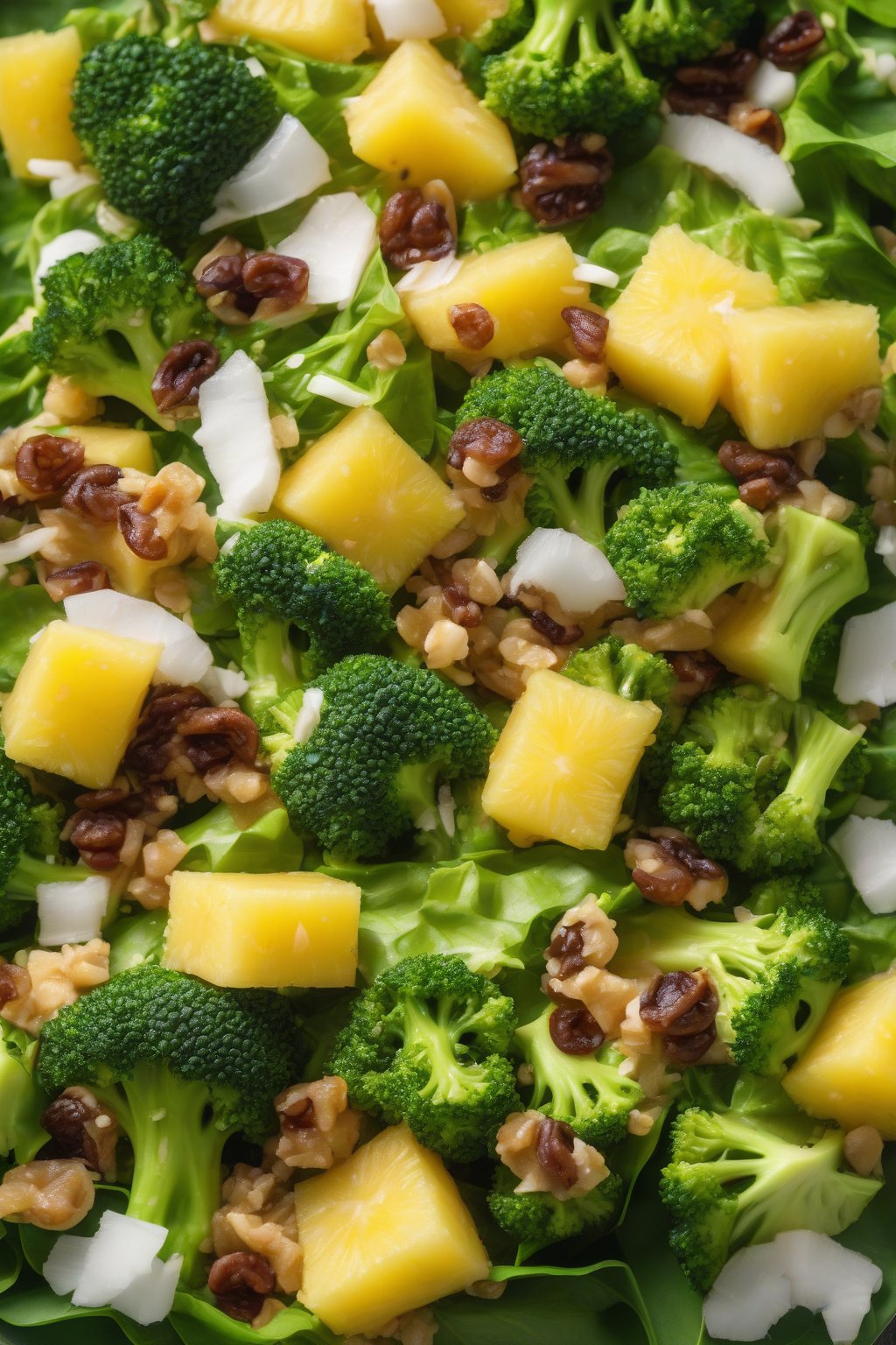 A high-resolution photo of pineapple raisin broccoli tropical crunch, juicy pineapple and coconut on greens, under soft lighting.