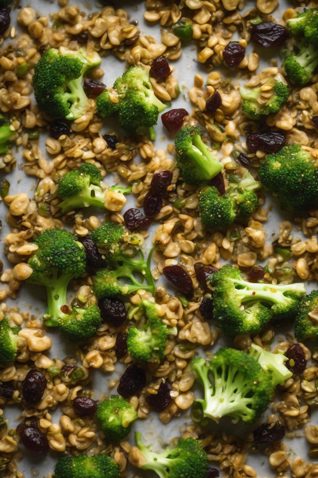 A high-resolution photo of spicy raisin broccoli pepita crunch, green pepitas and jalapeño flecks, under soft lighting.