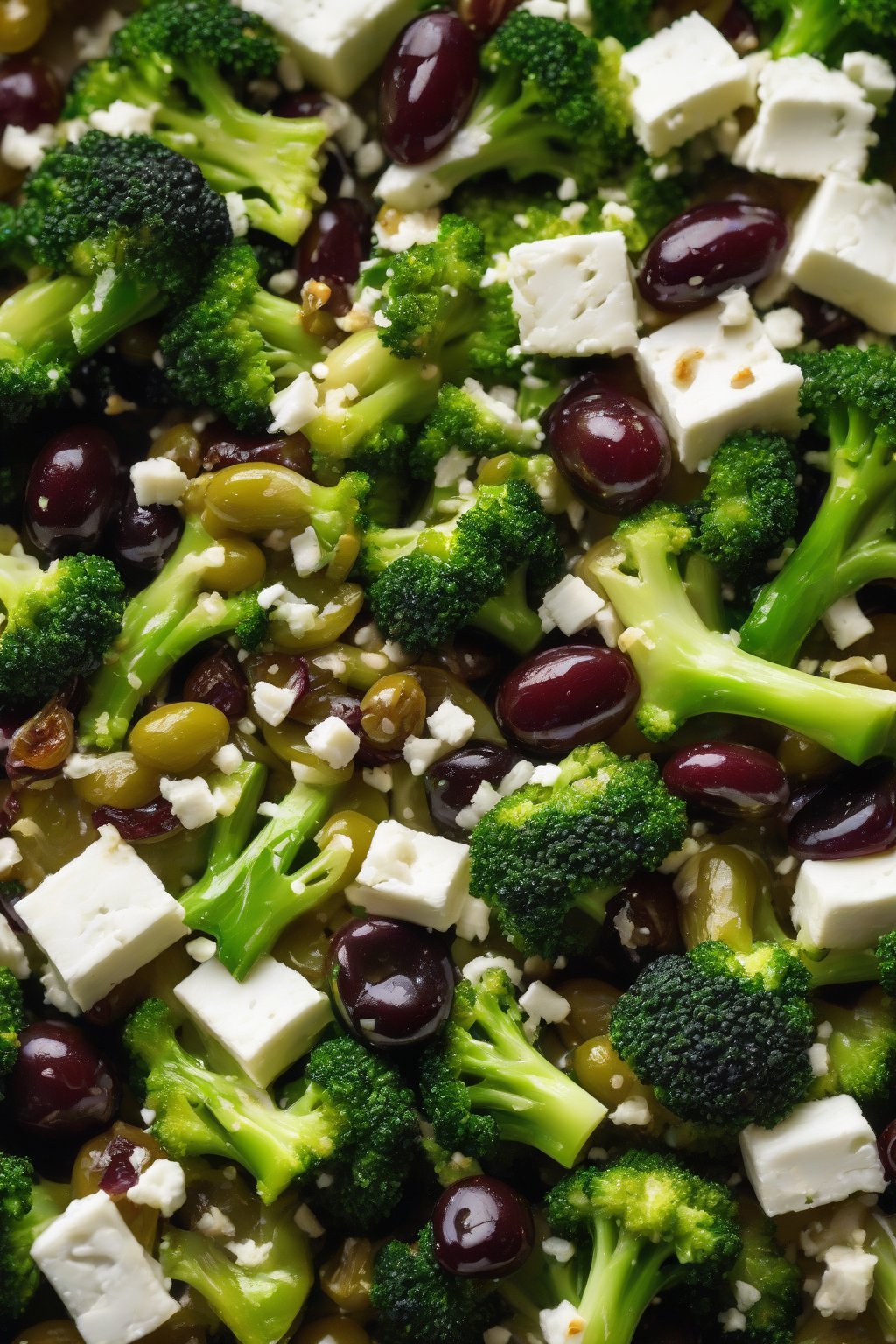 A high-resolution photo of feta raisin broccoli olive crunch, briny olives and feta on broccoli, under soft lighting.