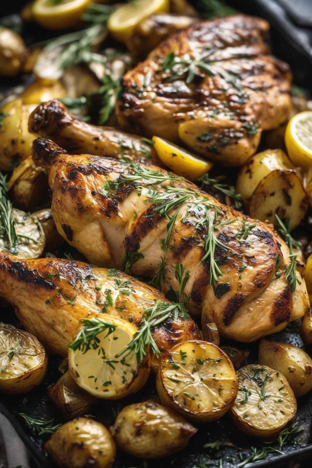 A close-up photo of grilled lemon herb chicken with golden roasted potatoes under soft lighting.