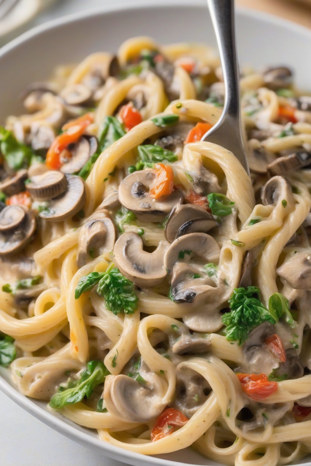 A close-up photo of creamy mushroom pasta primavera swirled on a fork under soft lighting.