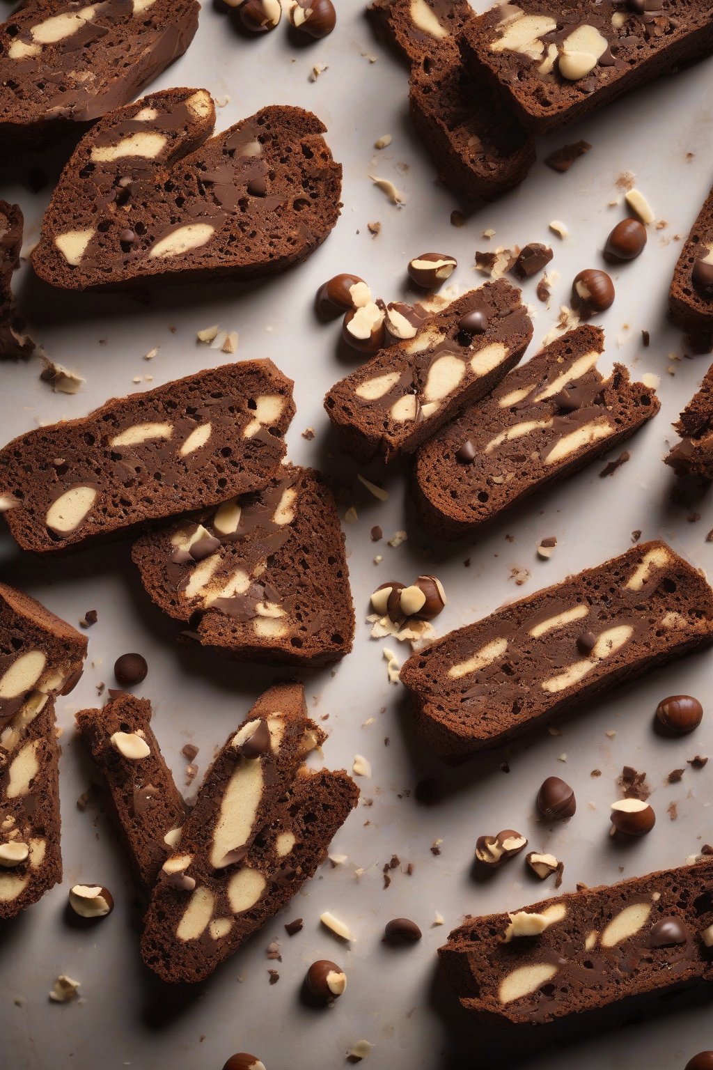 A high-resolution photo of chocolate hazelnut biscotti slices dunked in coffee, crumbs scattered, under soft lighting.