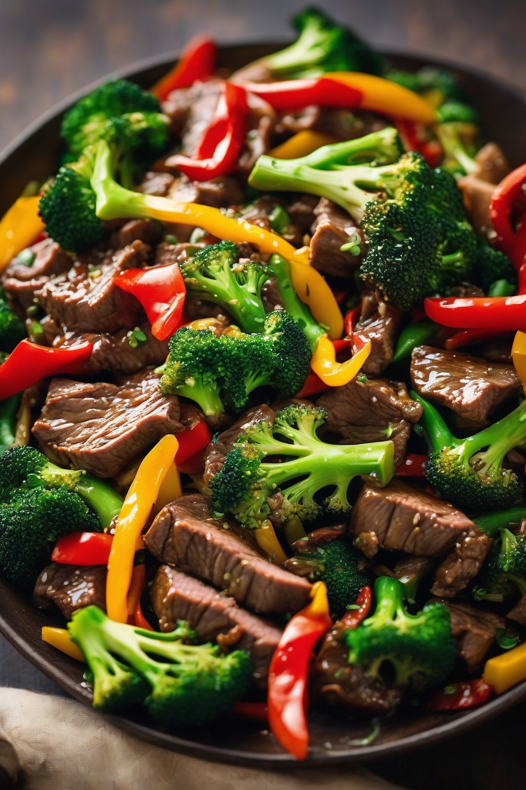 A close-up photo of beef stir-fry with vibrant broccoli and peppers under soft lighting.