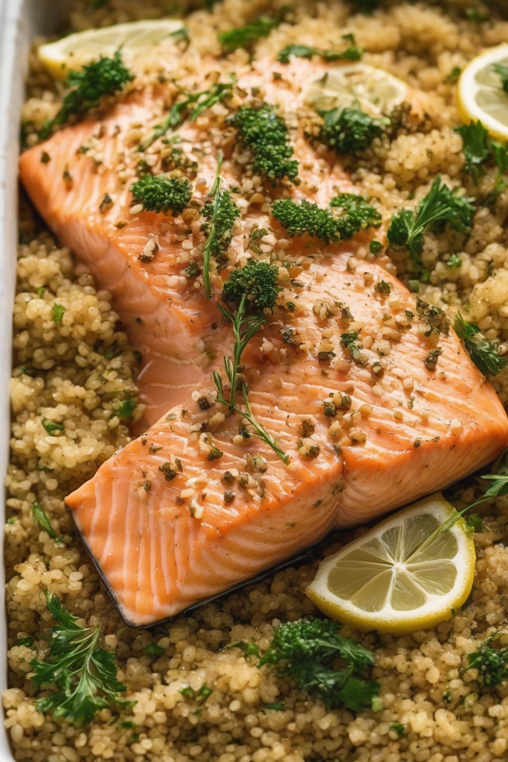 A close-up photo of flaky baked salmon atop herby quinoa under soft lighting.