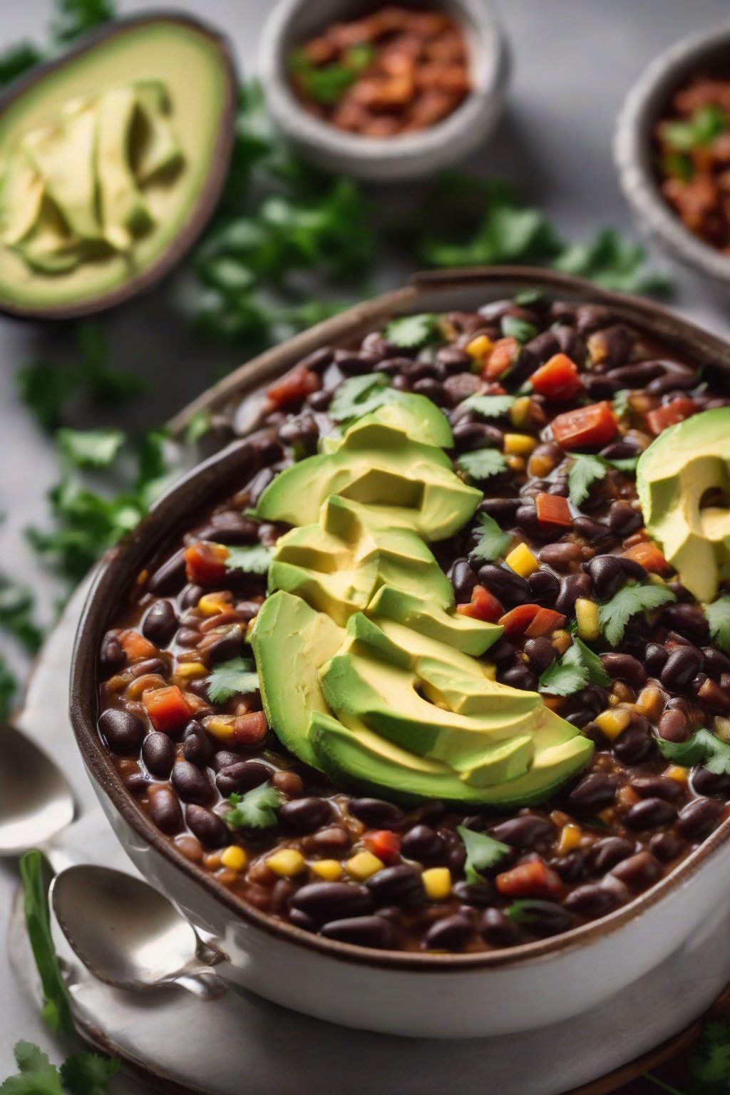 A close-up photo of steaming vegetarian black bean chili topped with avocado under soft lighting.