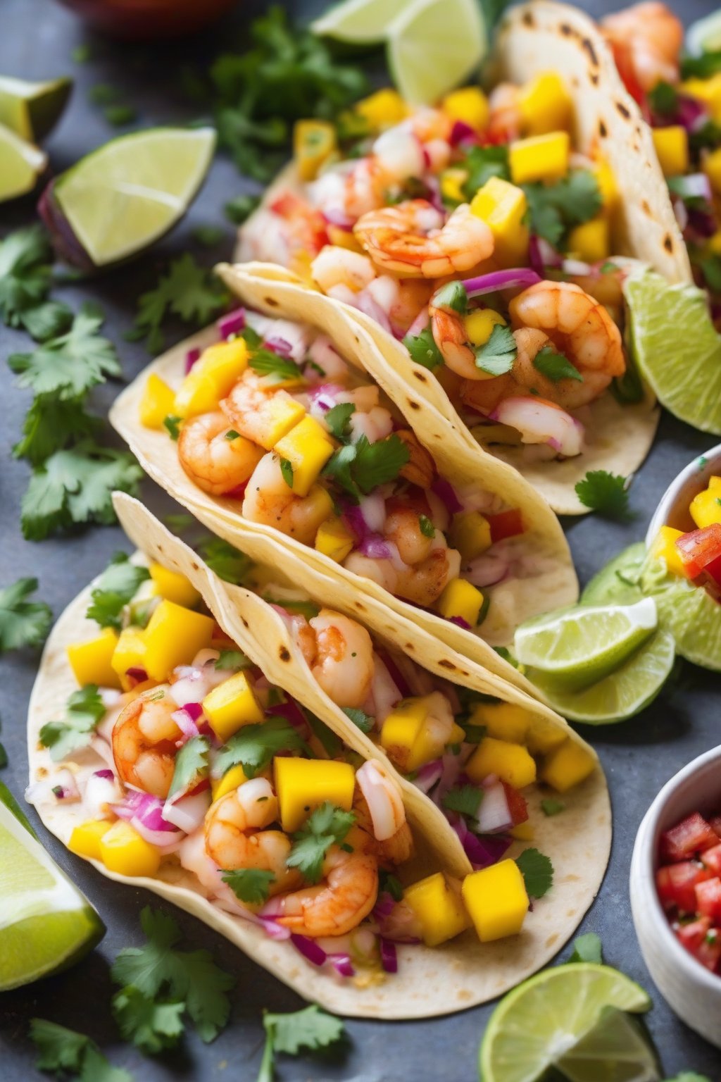 A close-up photo of spicy shrimp tacos with colorful mango salsa under soft lighting.