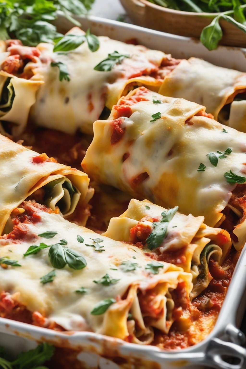 A close-up photo of cheesy roasted vegetable lasagna roll-ups under soft lighting.