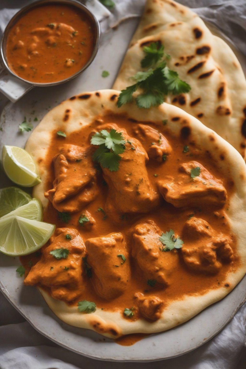 A close-up photo of tender butter chicken with golden naan under soft lighting.
