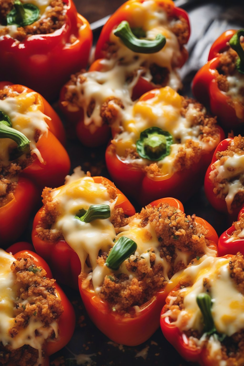 A close-up photo of quinoa-stuffed bell peppers oozing cheese under soft lighting.