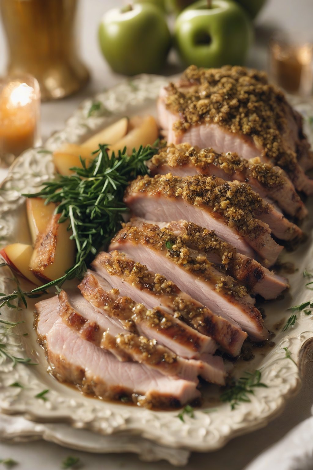 A close-up photo of sliced herb-crusted pork with glossy apple compote under soft lighting.