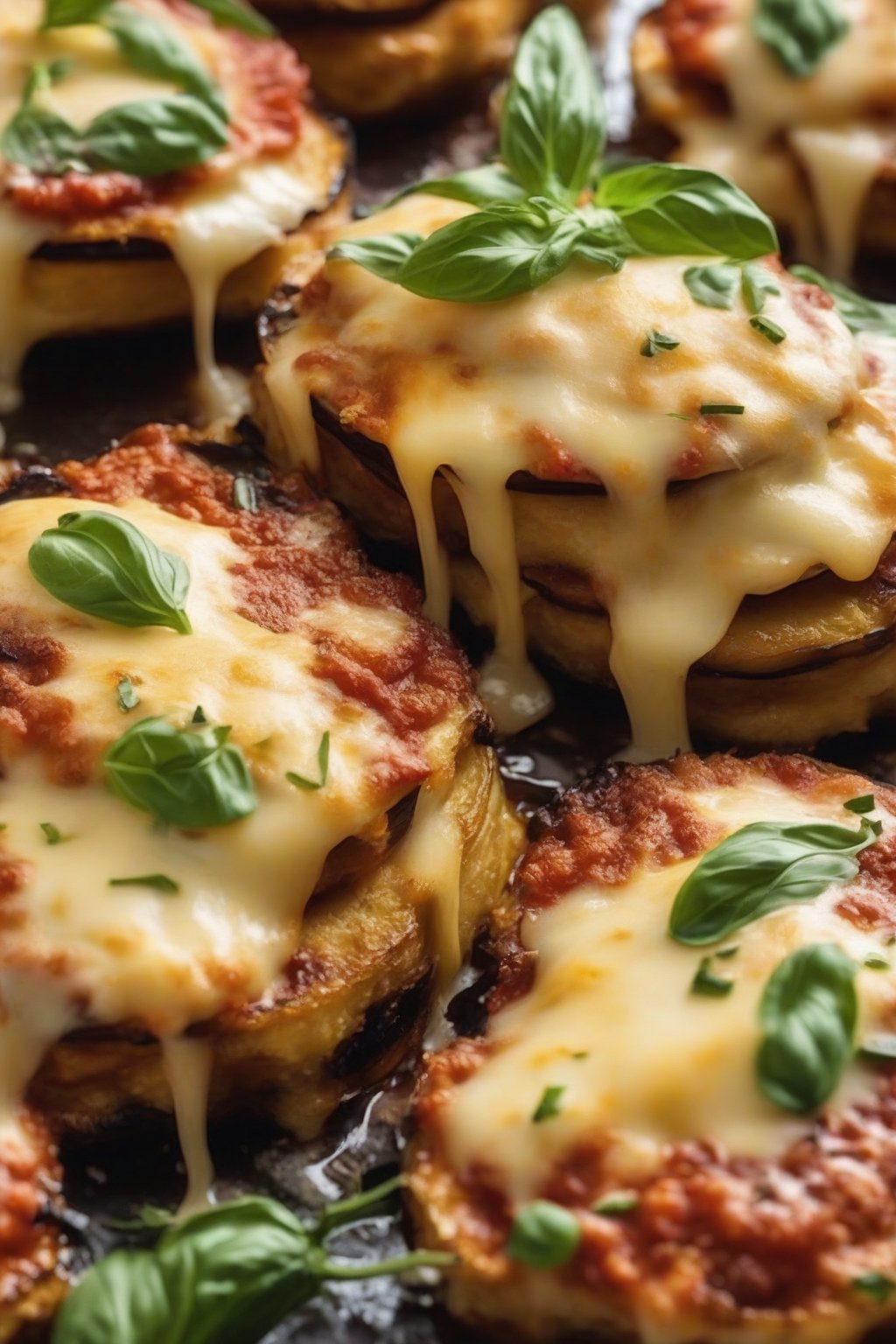 A close-up photo of golden eggplant parmesan stacks with melted cheese under soft lighting.