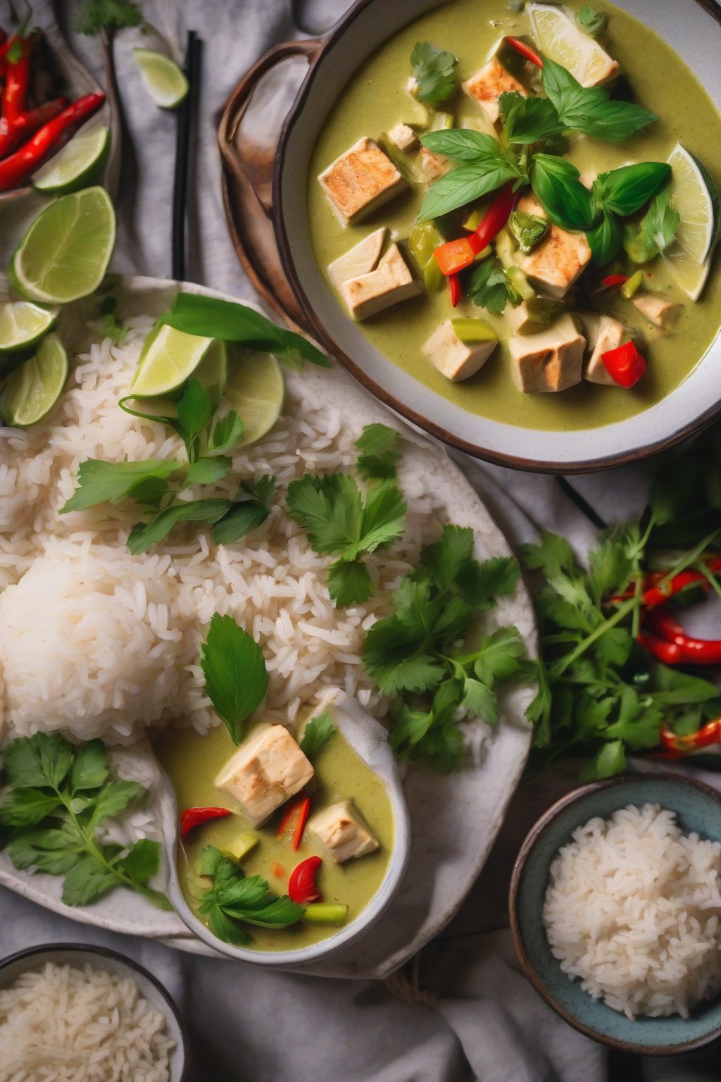 A close-up photo of vibrant Thai green curry with tofu over coconut rice under soft lighting.