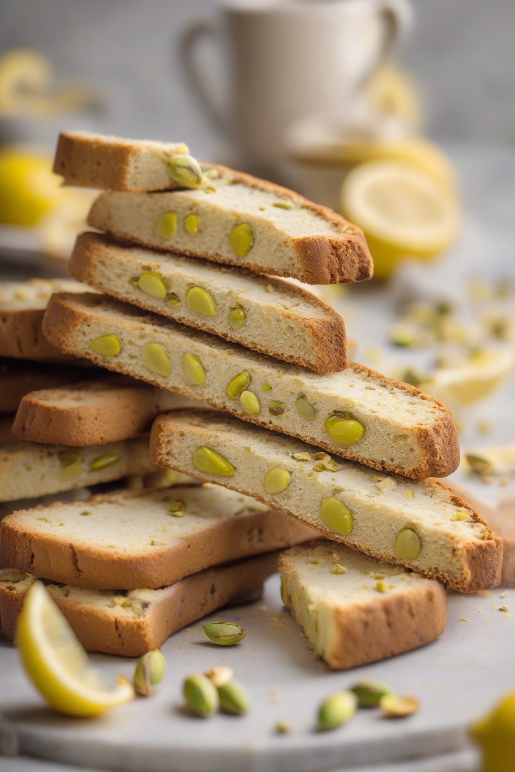 A high-resolution photo of lemon pistachio biscotti arranged in a stack, lemon slices nearby, under soft lighting.