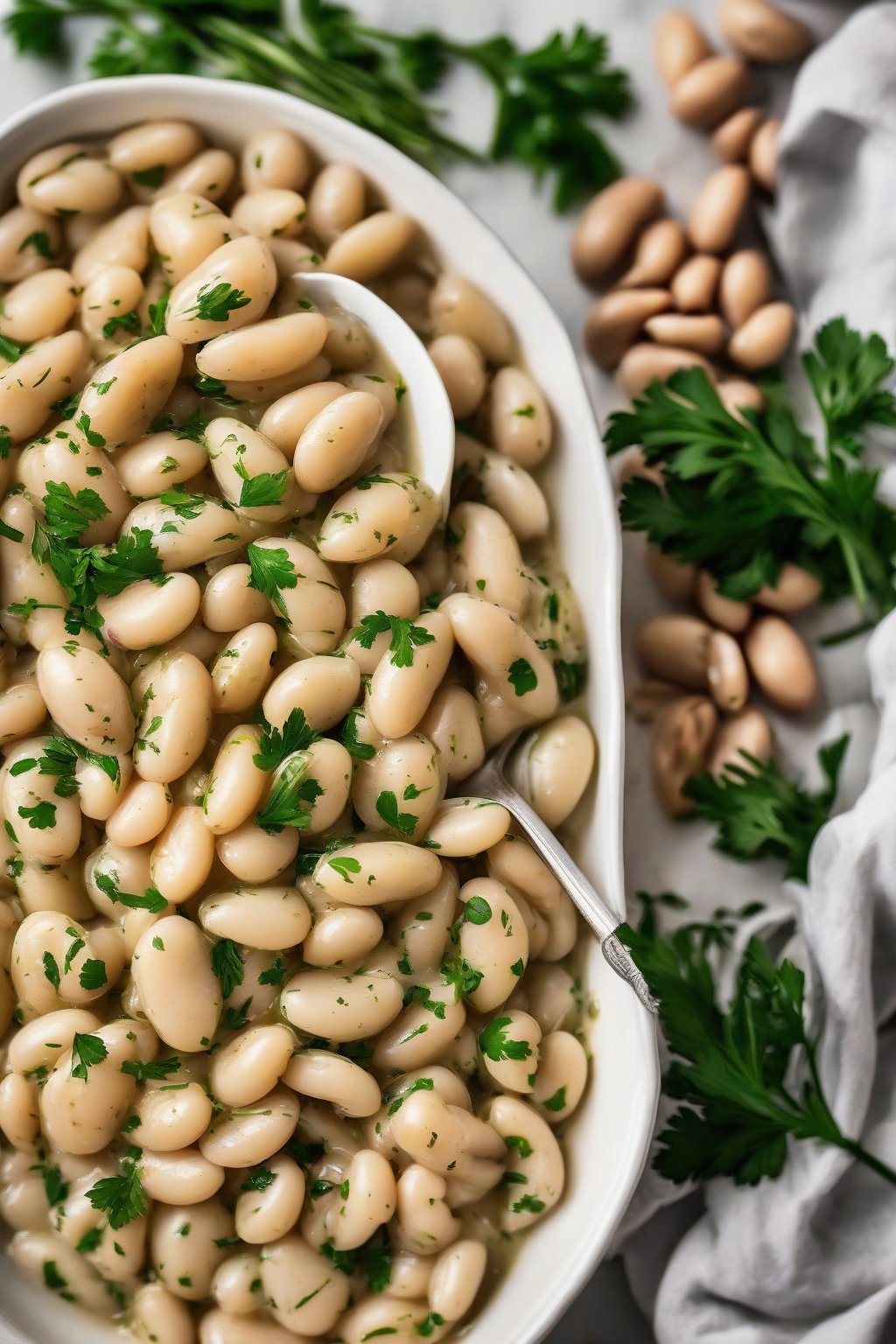 A high-resolution photo of garlic herb butter beans in a white bowl, garnished with parsley, under soft lighting.
