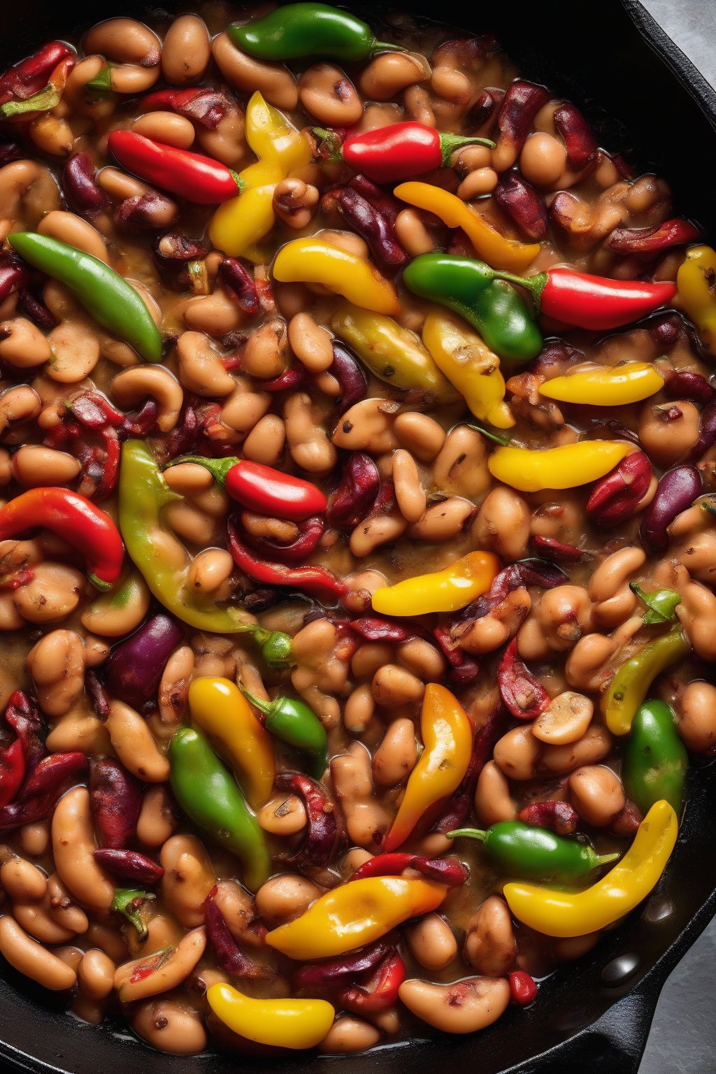 A high-resolution photo of spicy Cajun butter beans with colorful peppers, steaming in a cast-iron skillet, under soft lighting.