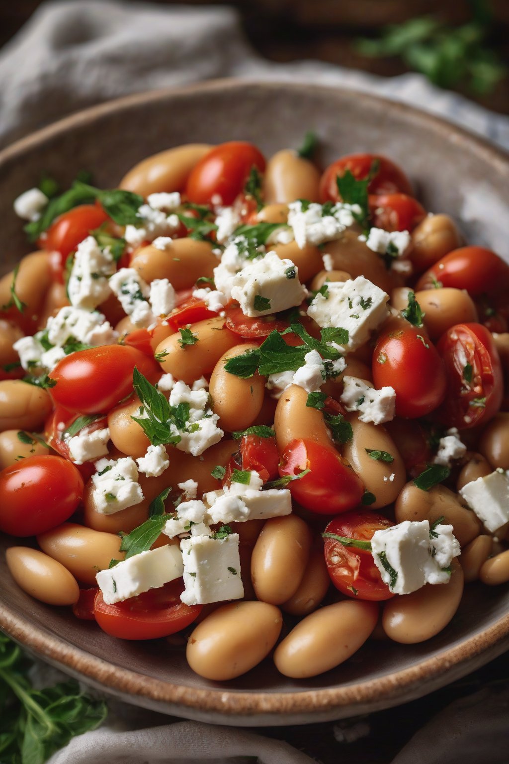 A high-resolution photo of Mediterranean butter beans topped with feta and tomatoes, in a rustic bowl, under soft lighting.