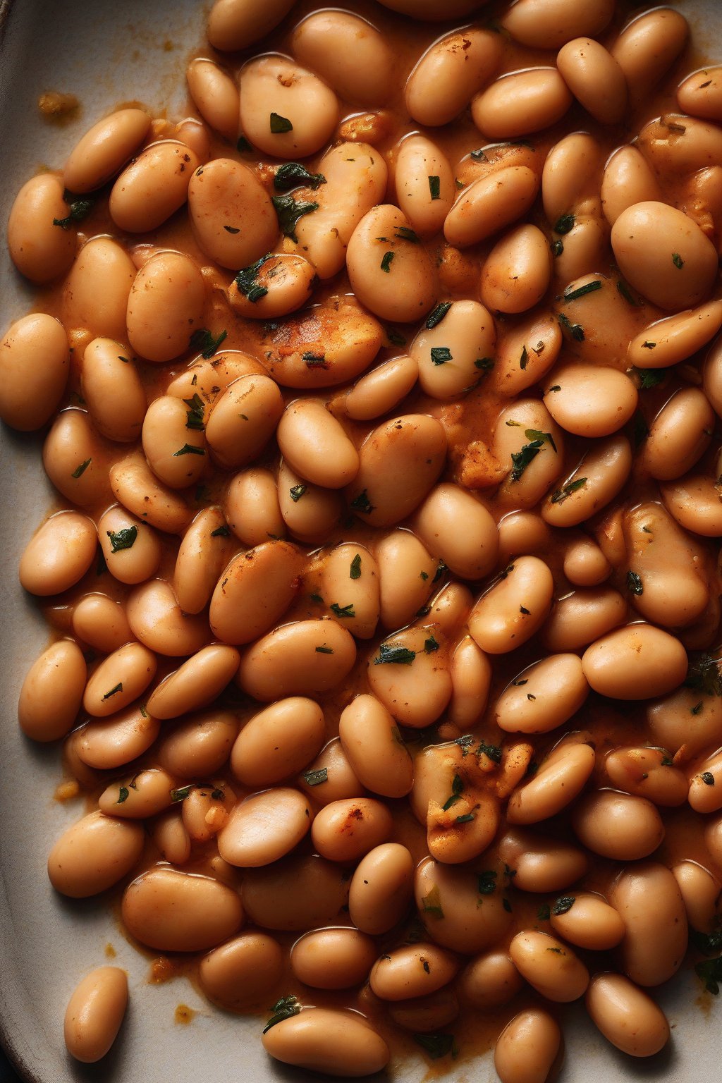 A high-resolution photo of smoky paprika butter beans with a golden hue, served family-style, under soft lighting.