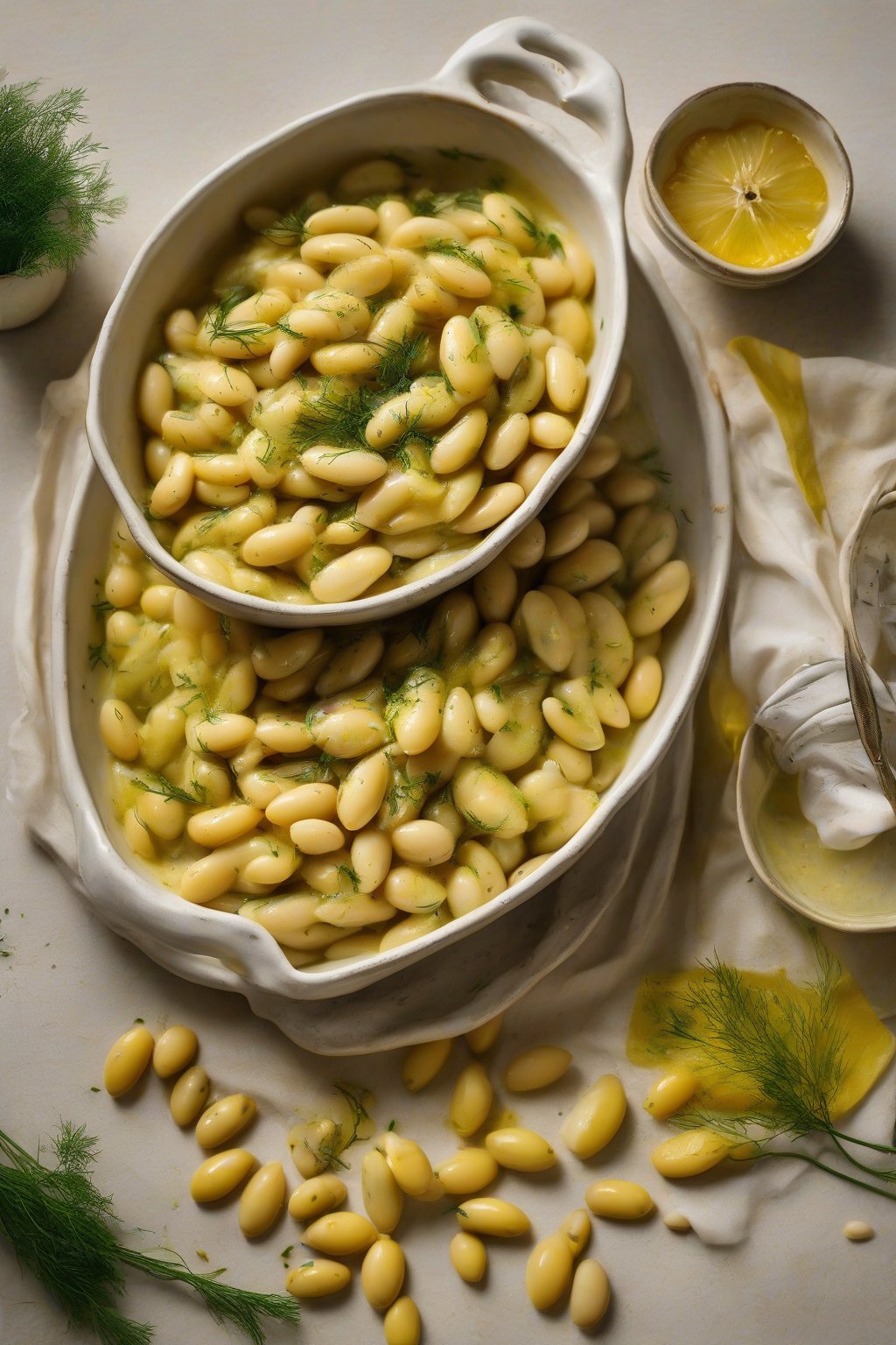 A high-resolution photo of lemon dill butter beans with bright yellow zest, in a light ceramic dish, under soft lighting.