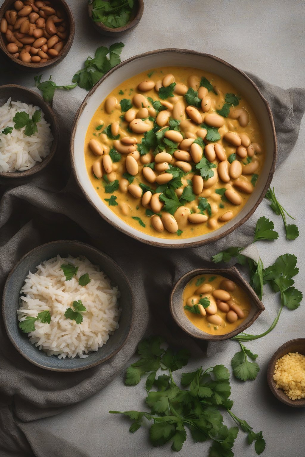A high-resolution photo of coconut curry butter beans with creamy sauce and cilantro, in a deep bowl, under soft lighting.