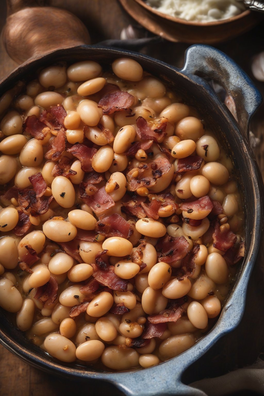 A high-resolution photo of bacon and onion butter beans with crispy bits, in a vintage pot, under soft lighting.