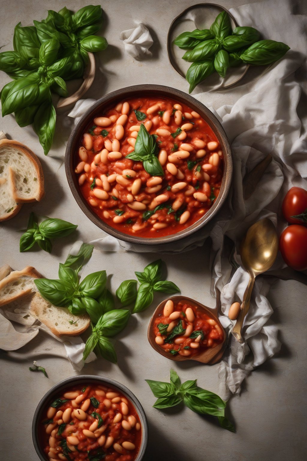 A high-resolution photo of tomato basil butter beans with vibrant red sauce and green basil, under soft lighting.