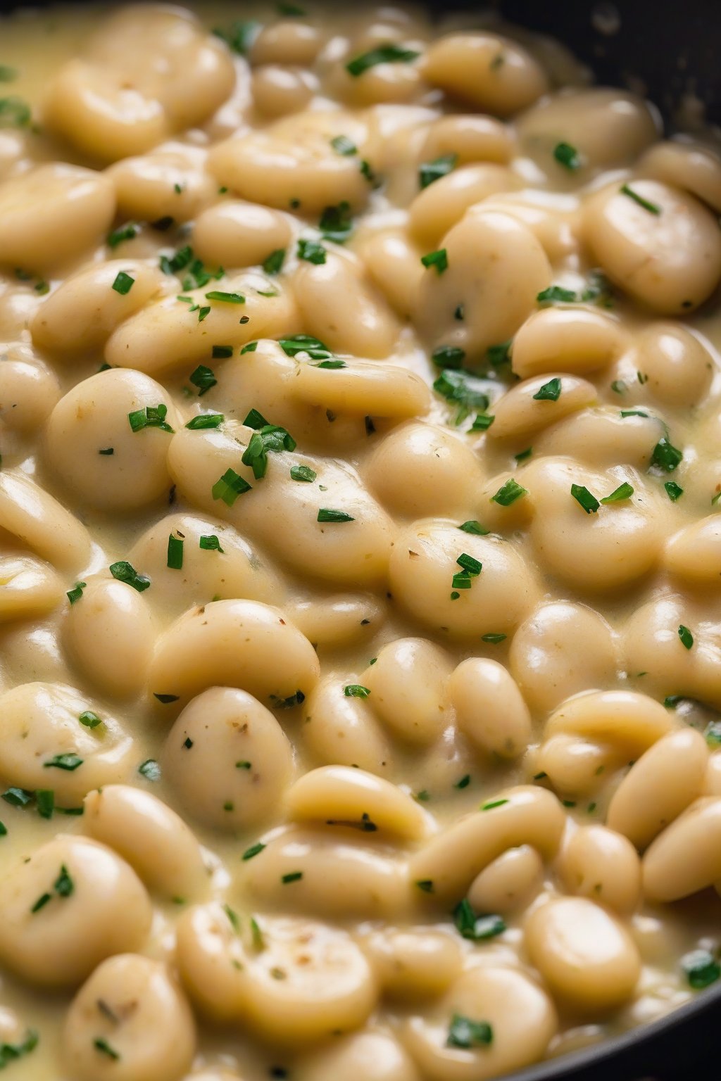 A high-resolution photo of cheesy garlic butter beans oozing with parmesan, close-up in a skillet, under soft lighting.