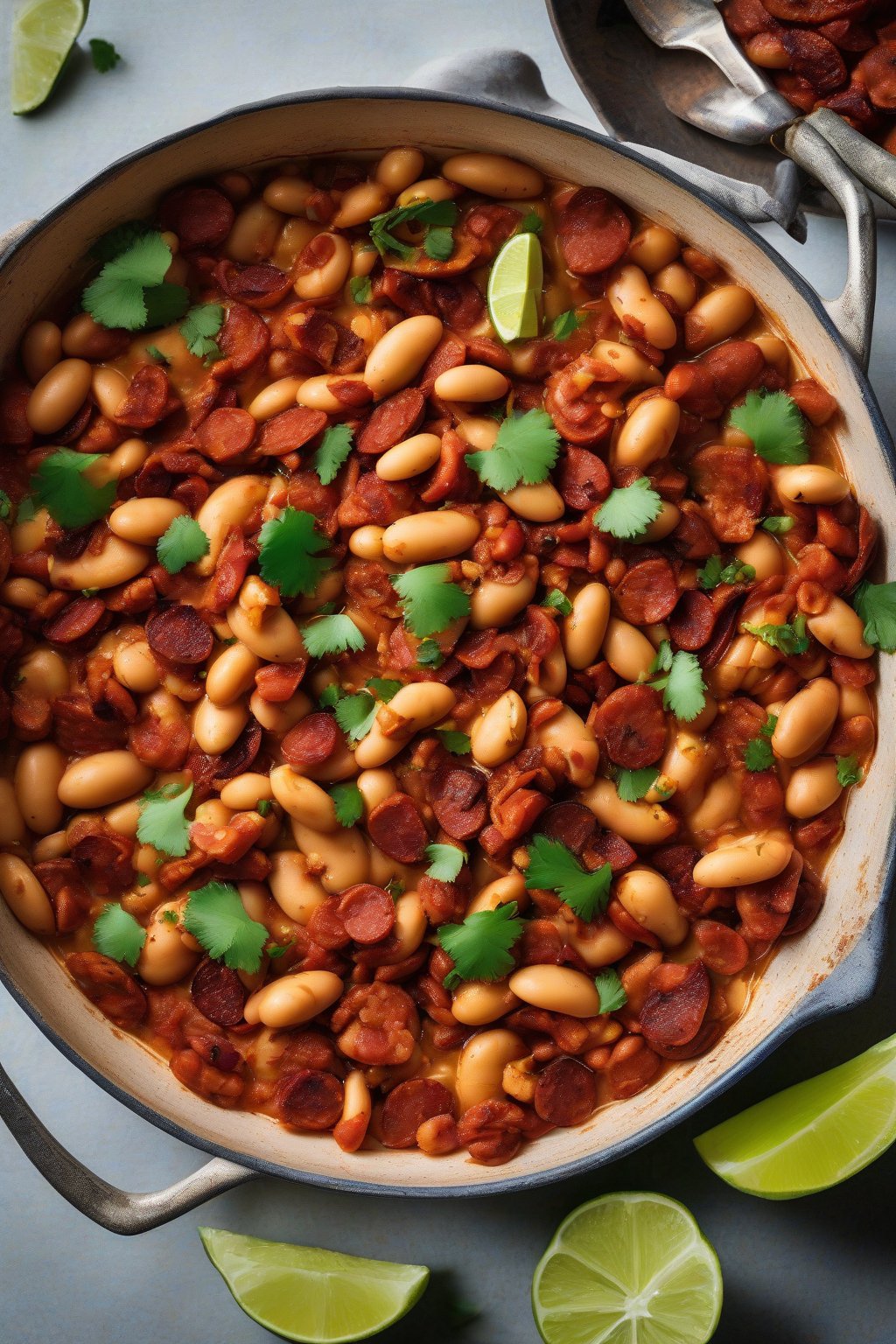 A high-resolution photo of Mexican butter beans with chorizo chunks and lime wedges, under soft lighting.